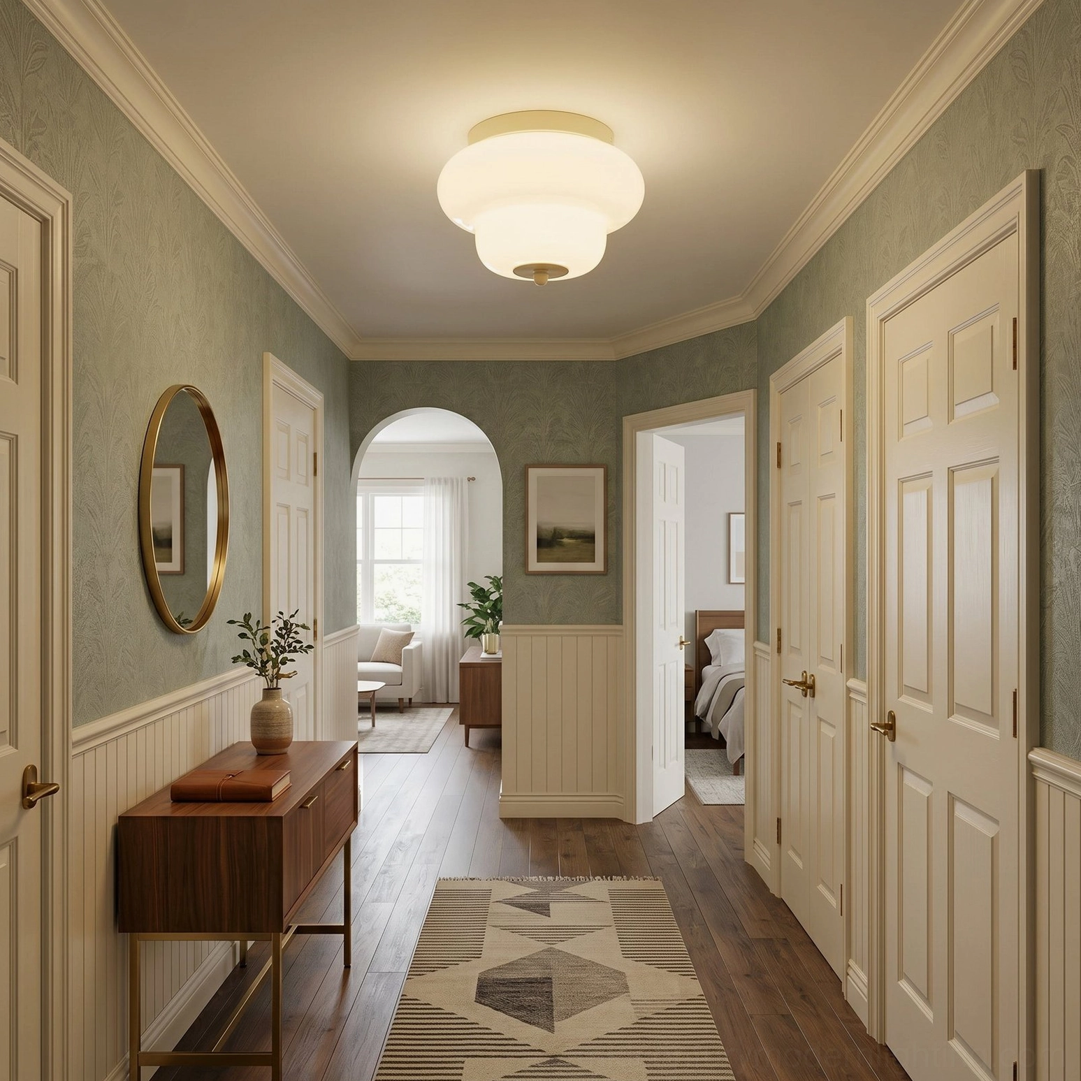 Milo flush mount ceiling light in cottage-style residential hallway with wainscoting walls and warm home decor