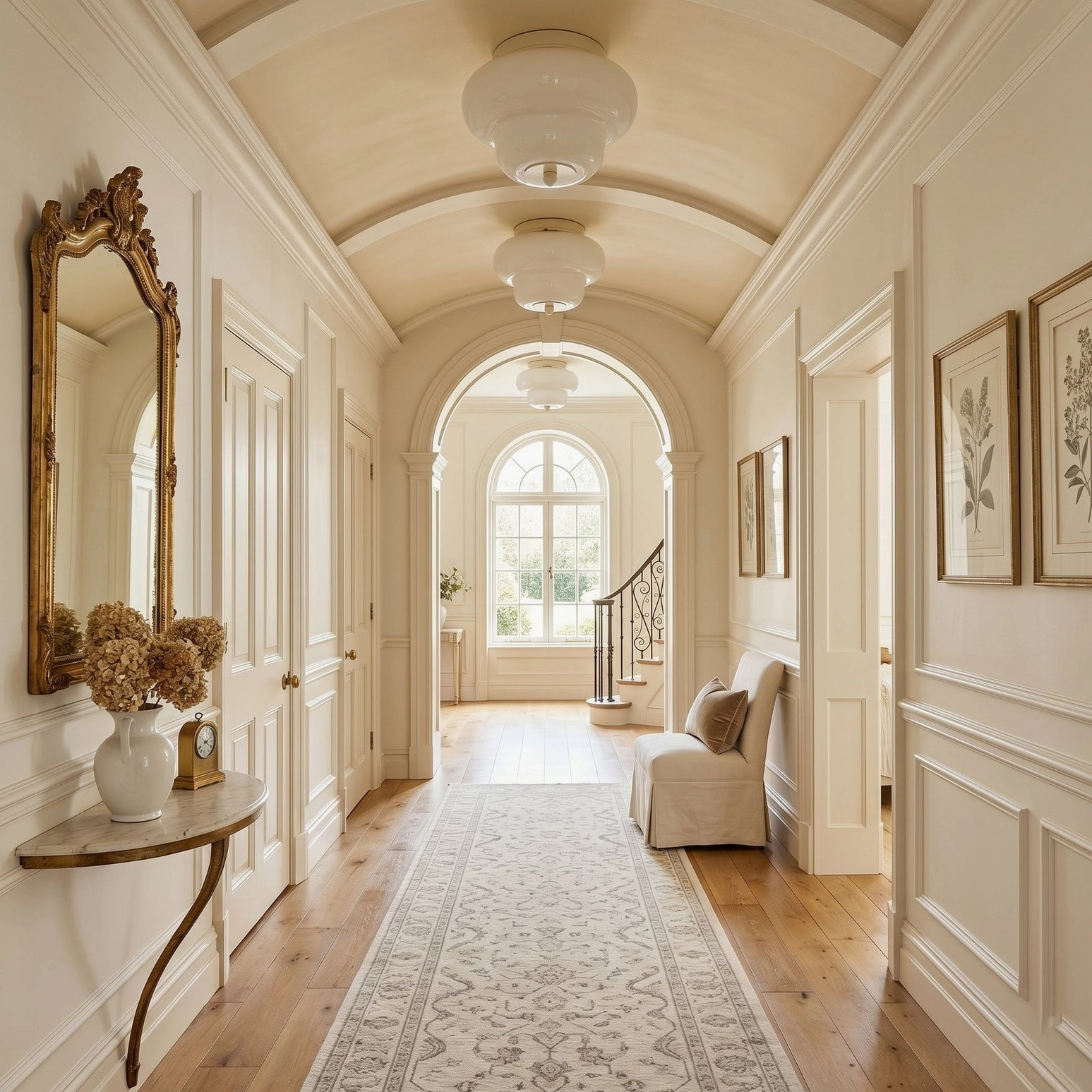 Milo flush mount light installed along residential hallway with neoclassical arched ceiling creating even overhead illumination