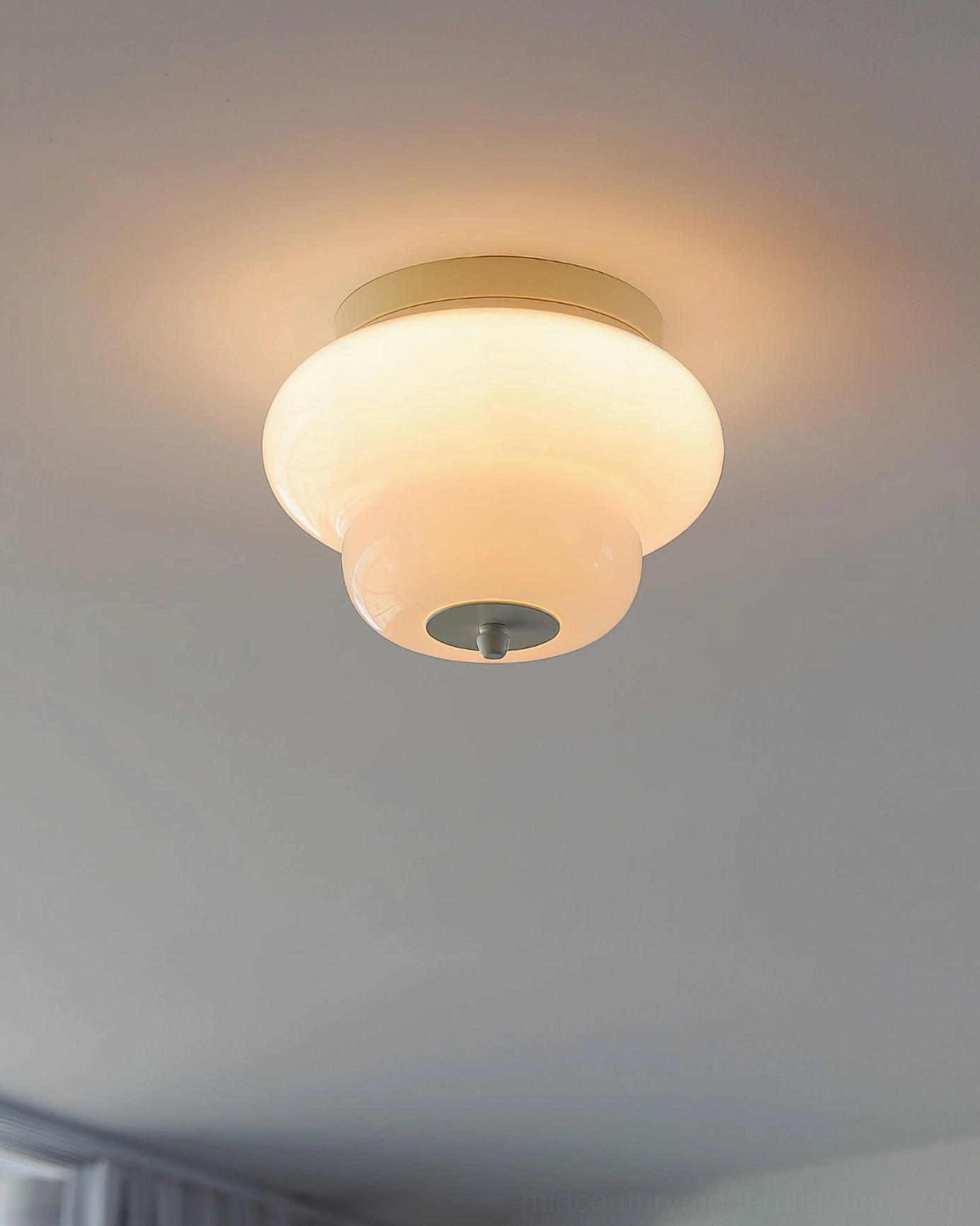 Milo hand-blown opal glass ceiling mount light close-up detail showing glass texture diffusion and warm LED illumination