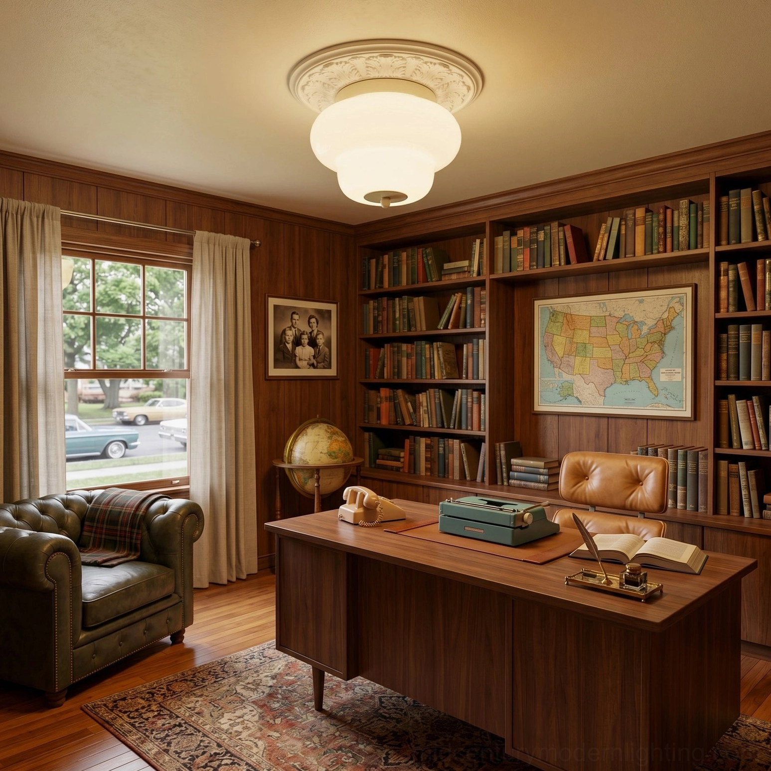 Milo ceiling mount light above vintage library home office with full wall bookshelves and leather club chairs