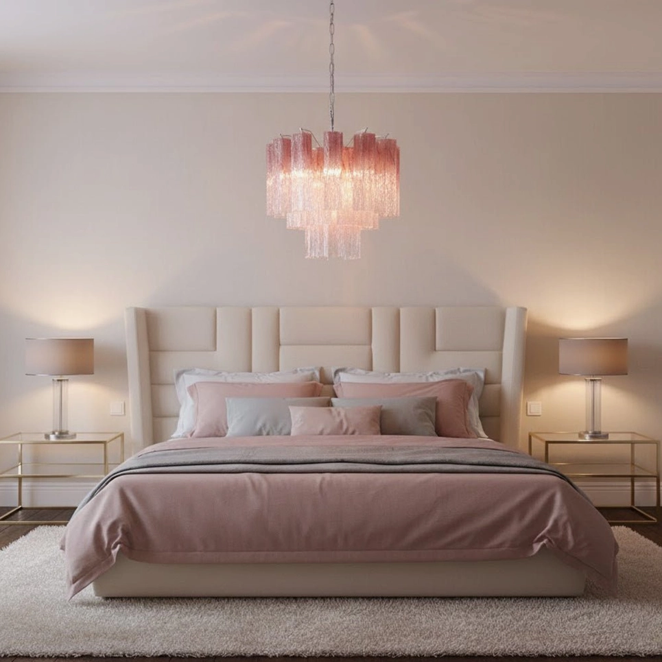Minimalist pink-toned bedroom with pink Murano tube chandelier coordinating with padded headboard and bedside lamps