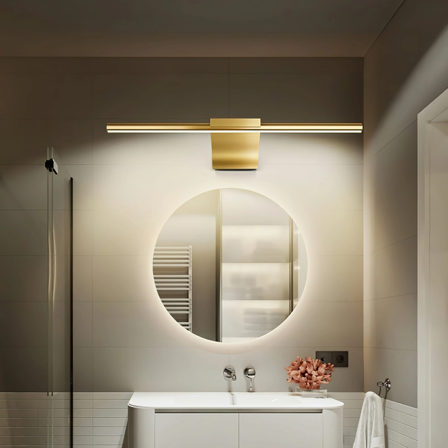 Luxury bathroom with streamlined brass wall light above sink and shower partition