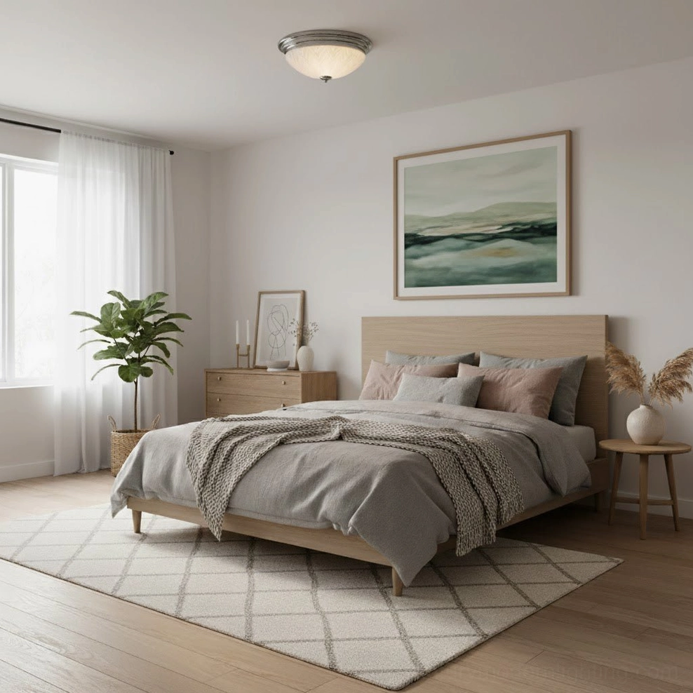 Minimalist flush ceiling lamp in calming master bedroom with landscape wall art and soft gray bedding