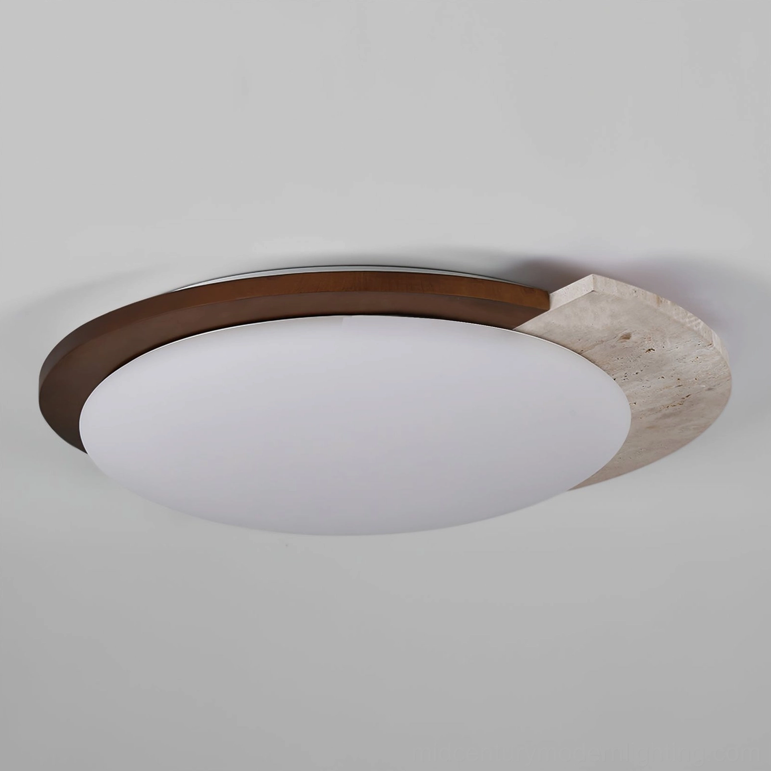Modern minimalist ceiling lamp with natural travertine stone panel and walnut wood frame in neutral interior