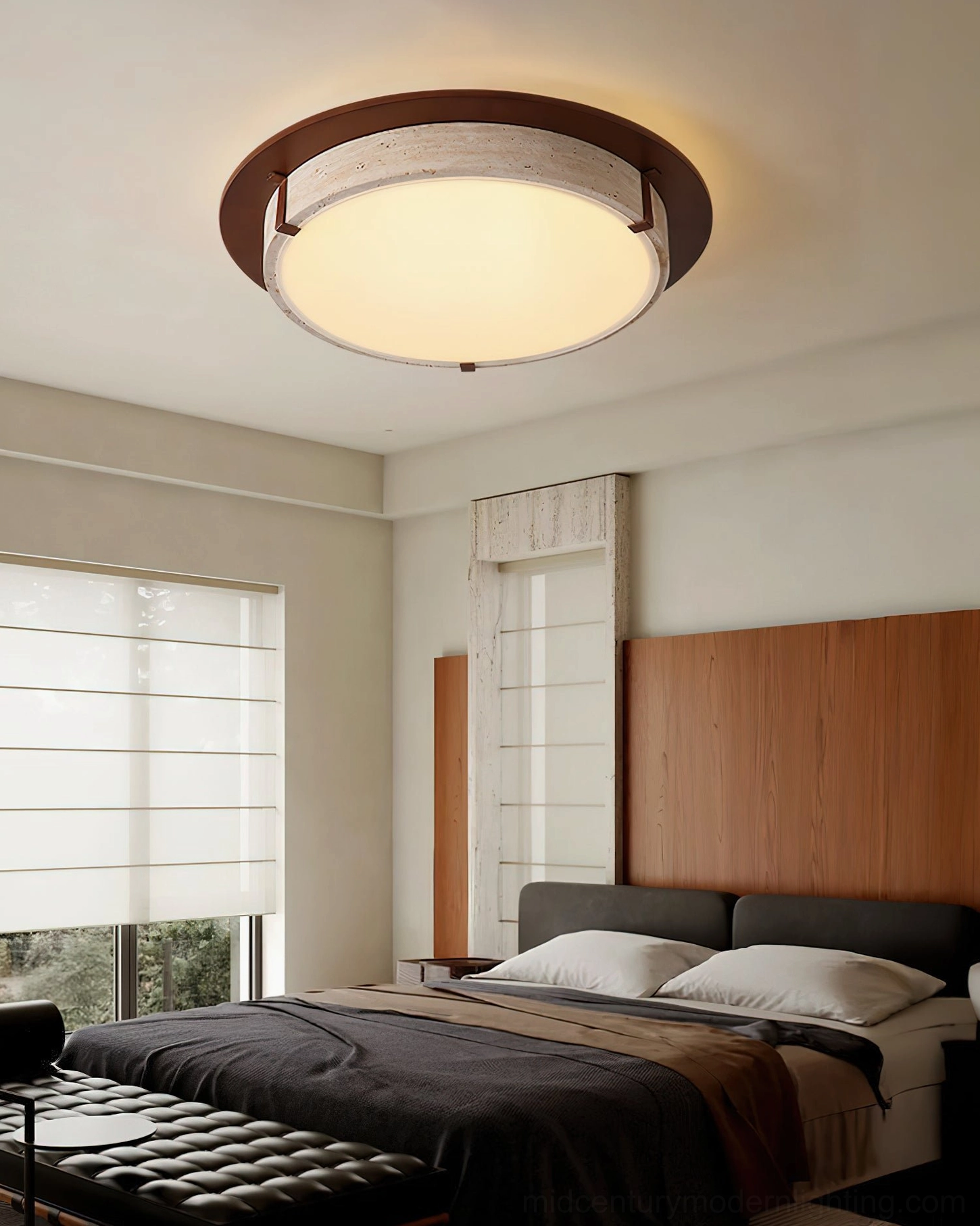 Minimalist flush mount ceiling light in warm-toned bedroom with roman blinds and wood furniture