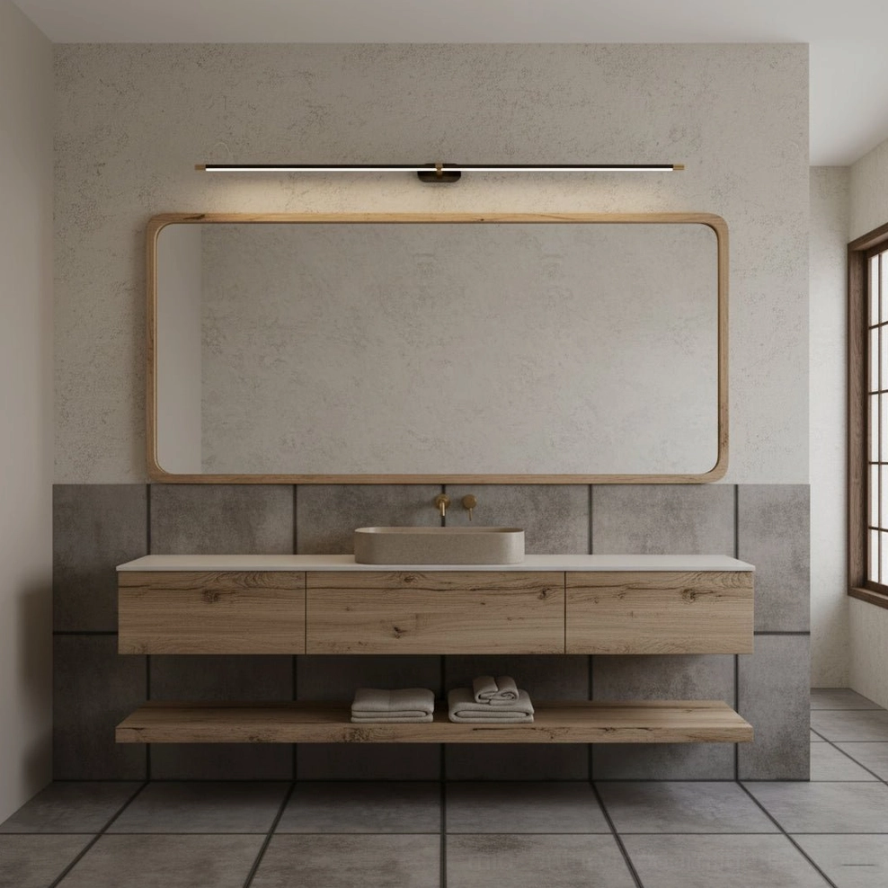 Minimalist linear rechargeable wall lamp in contemporary bathroom with light wood cabinetry and neutral decor