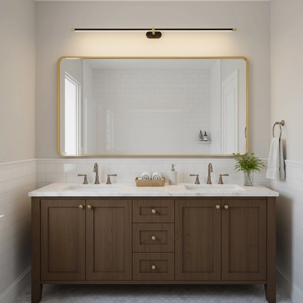 Minimalist linear LED sconce installed in modern bathroom above dual-basin vanity with gold-trimmed mirror