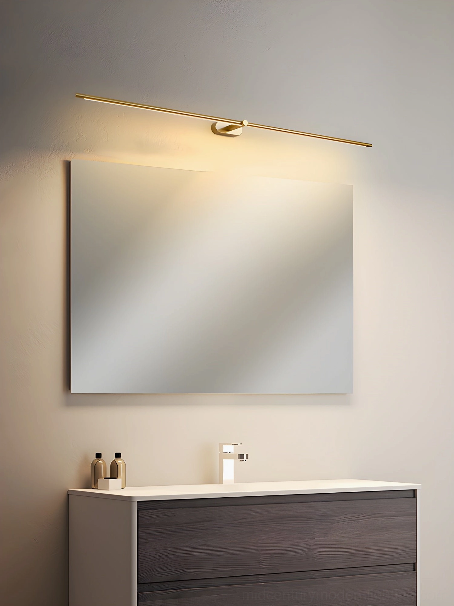 Minimalist linear rechargeable wall lamp installed above bedside table with warm dimmable light