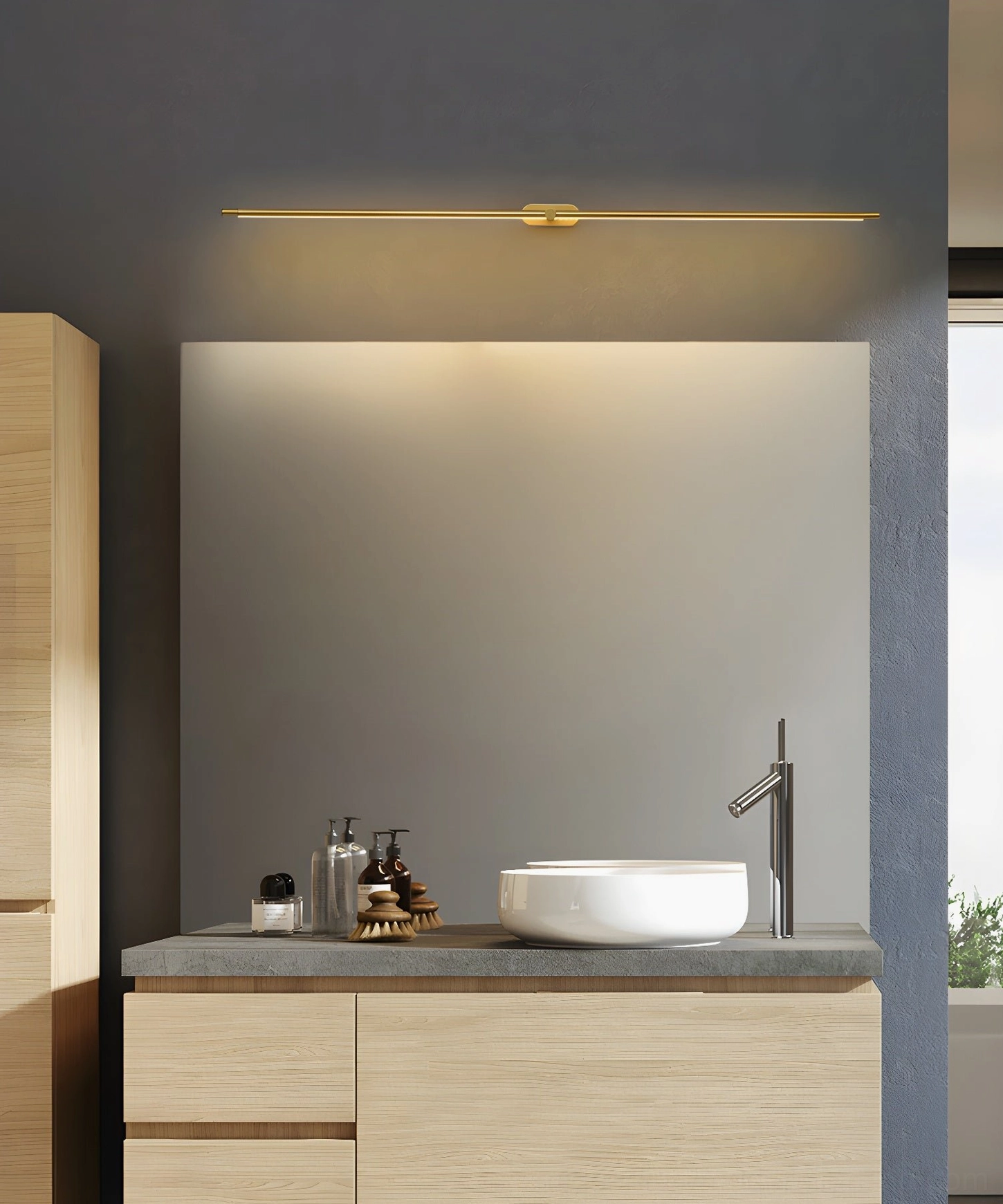 Minimalist linear wall lamp black finish installed in contemporary living room feature wall design