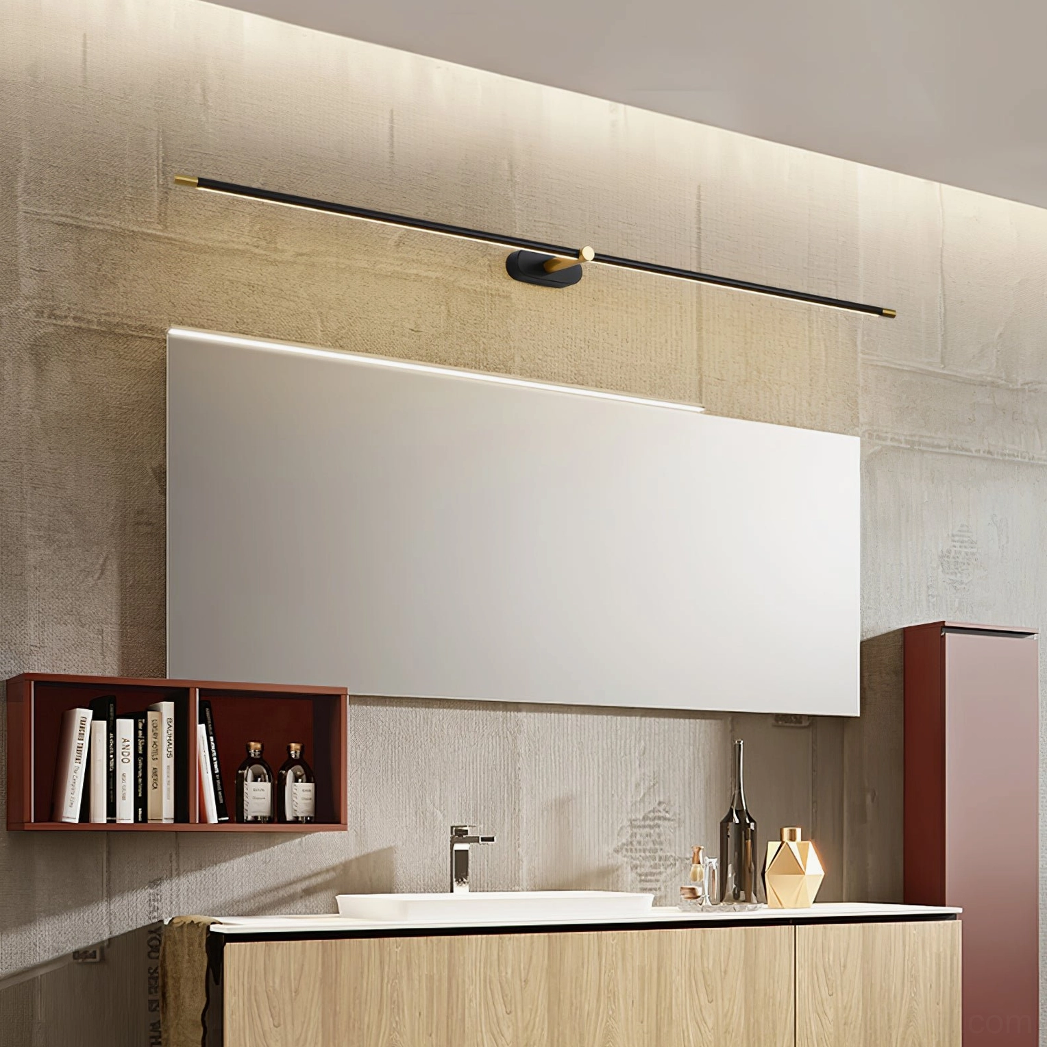 Minimalist linear LED wall sconce with gold finish in contemporary bedroom nightstand arrangement
