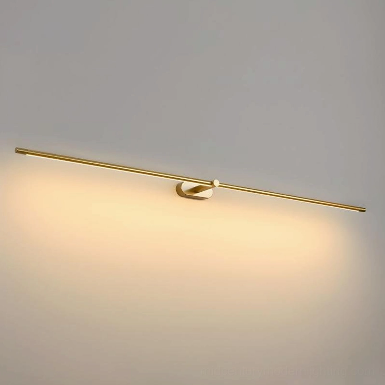 Gold finish minimalist linear rechargeable wall lamp in warm contemporary bedroom setting
