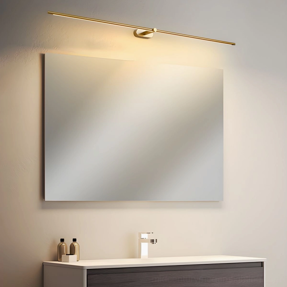 Minimalist linear wall lamp mounted in hallway creating ambient pathway lighting above floating shelf