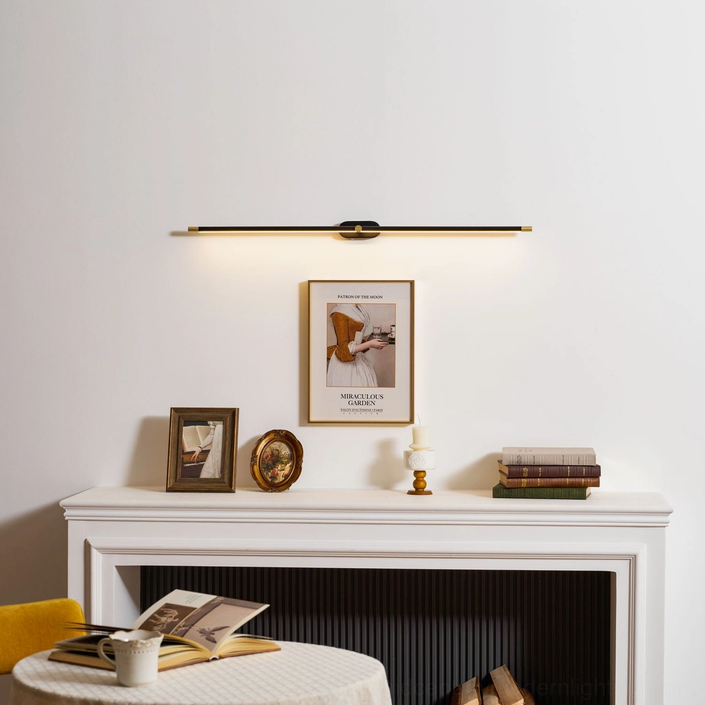 Minimalist linear wall lamp installed in small bedroom accent lighting arrangement above nightstand