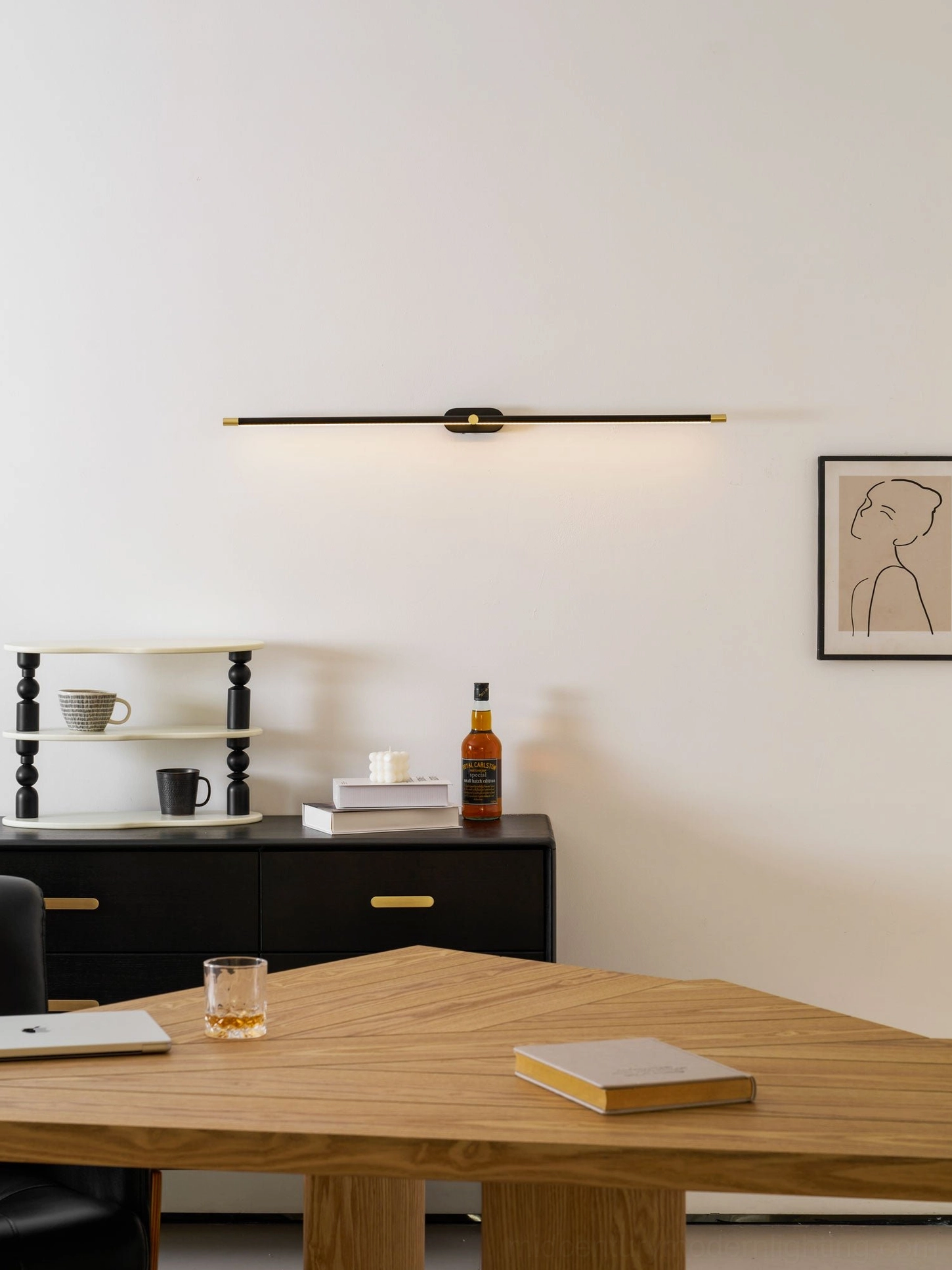 Minimalist linear rechargeable wall lamp unboxed showing complete accessory package and remote