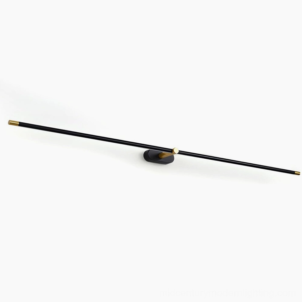 Minimalist linear rechargeable wall lamp with matte black and gold finish, front view on plain white background
