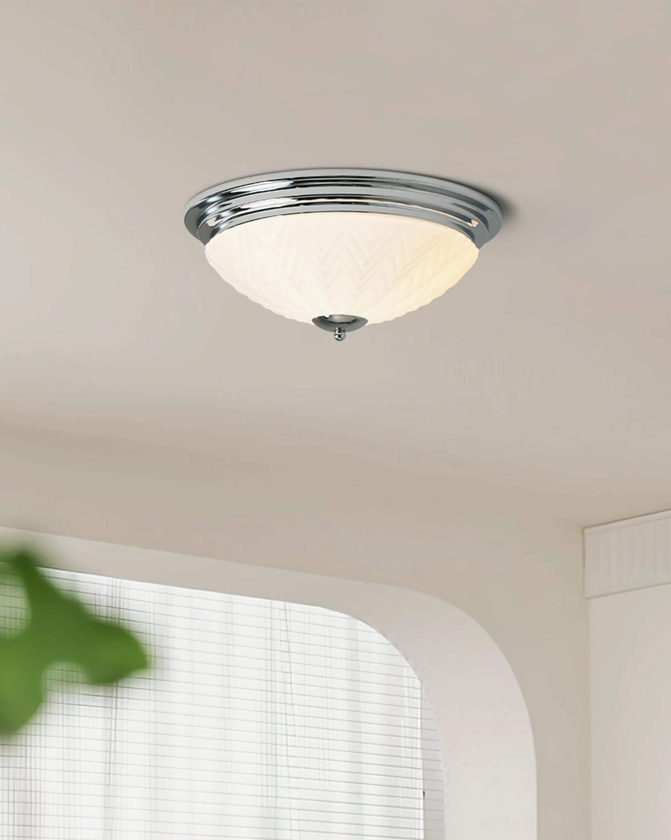 Minimalist modern ceiling lamp ambient lighting, frosted glass diffusion, contemporary room illumination