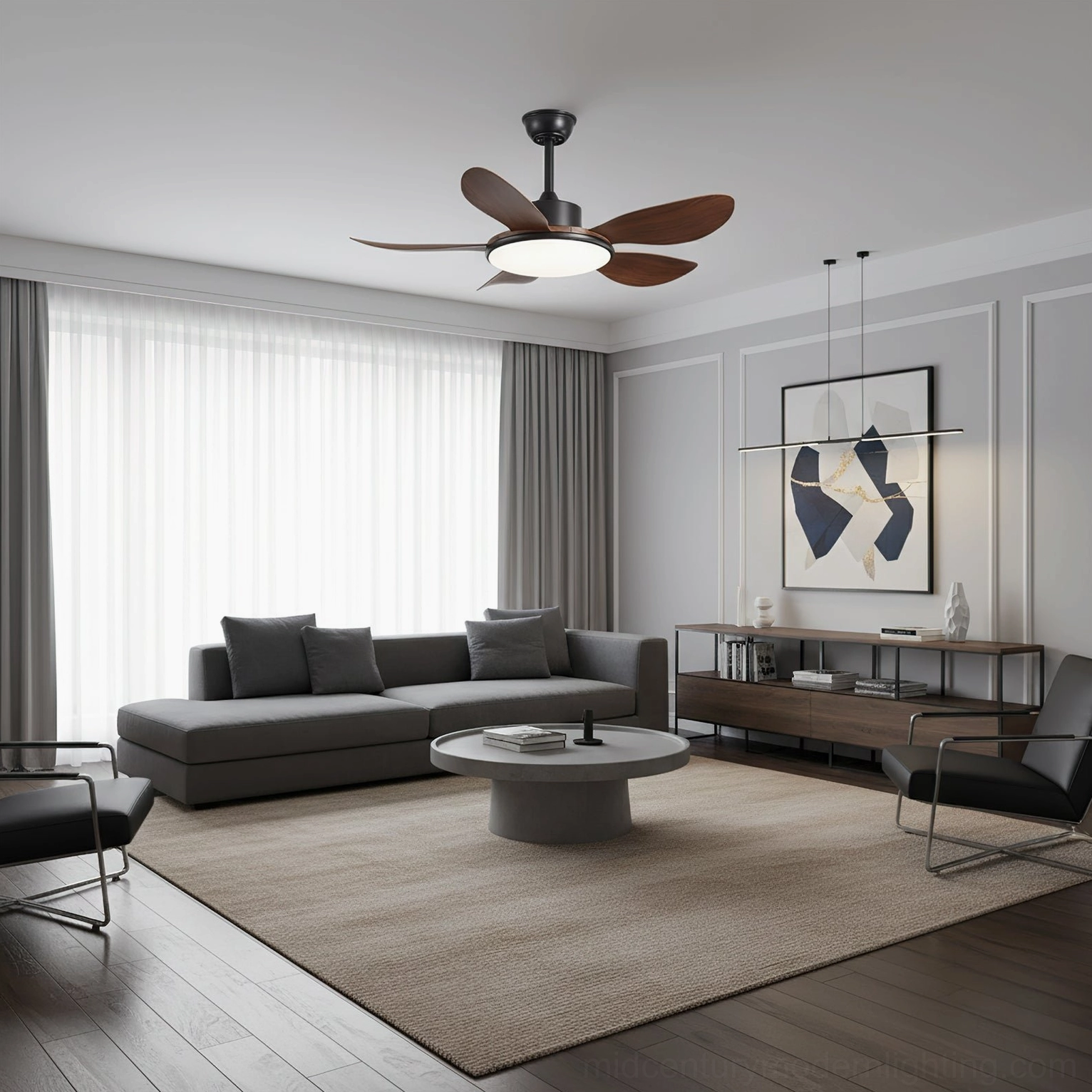 Modern ceiling fan light in minimalist living room - neutral gray color scheme with organic design elements