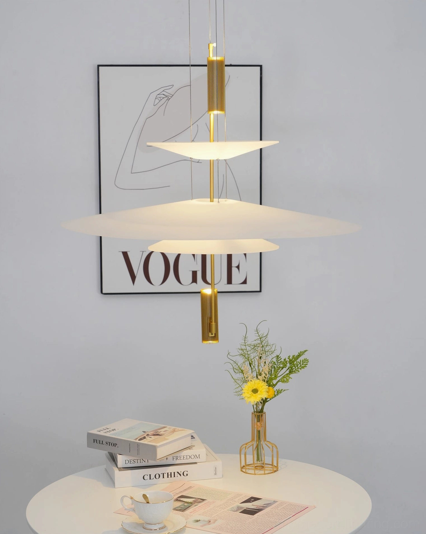 Modern minimalist pendant chandelier design integrated into contemporary residential interior