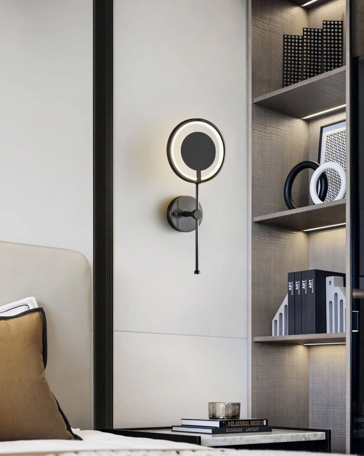 Contemporary room interior with modern black ring wall lamp complementing minimalist display shelf decor