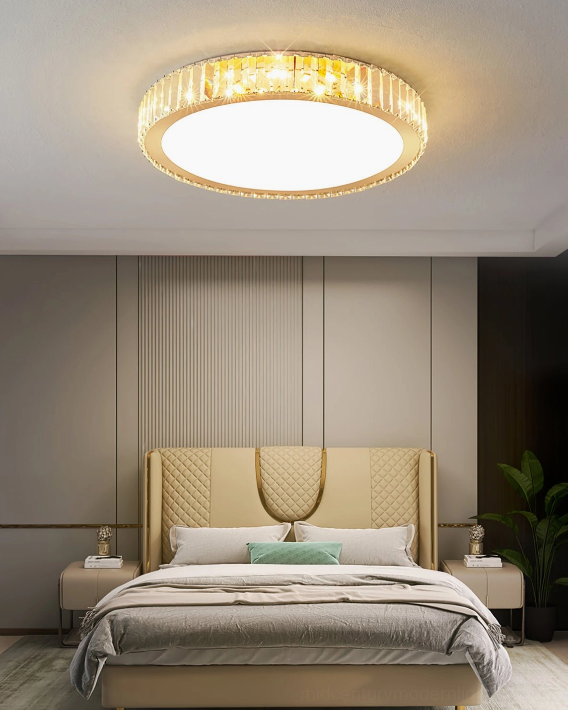 Neutral minimalist crystal ceiling lamp installed in bedroom with bedside tables