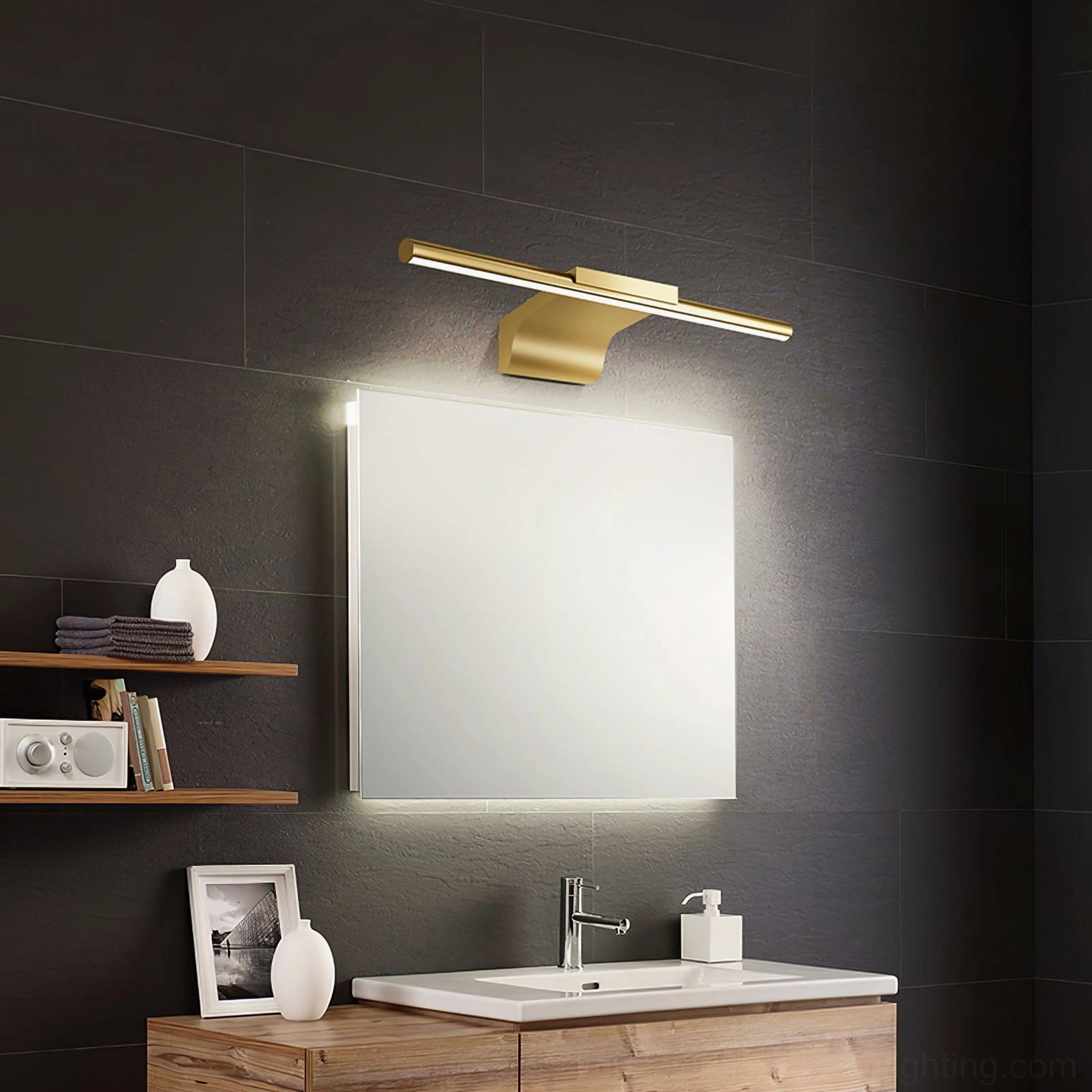 Modern minimalist vanity lighting with polished brass and elegant profile