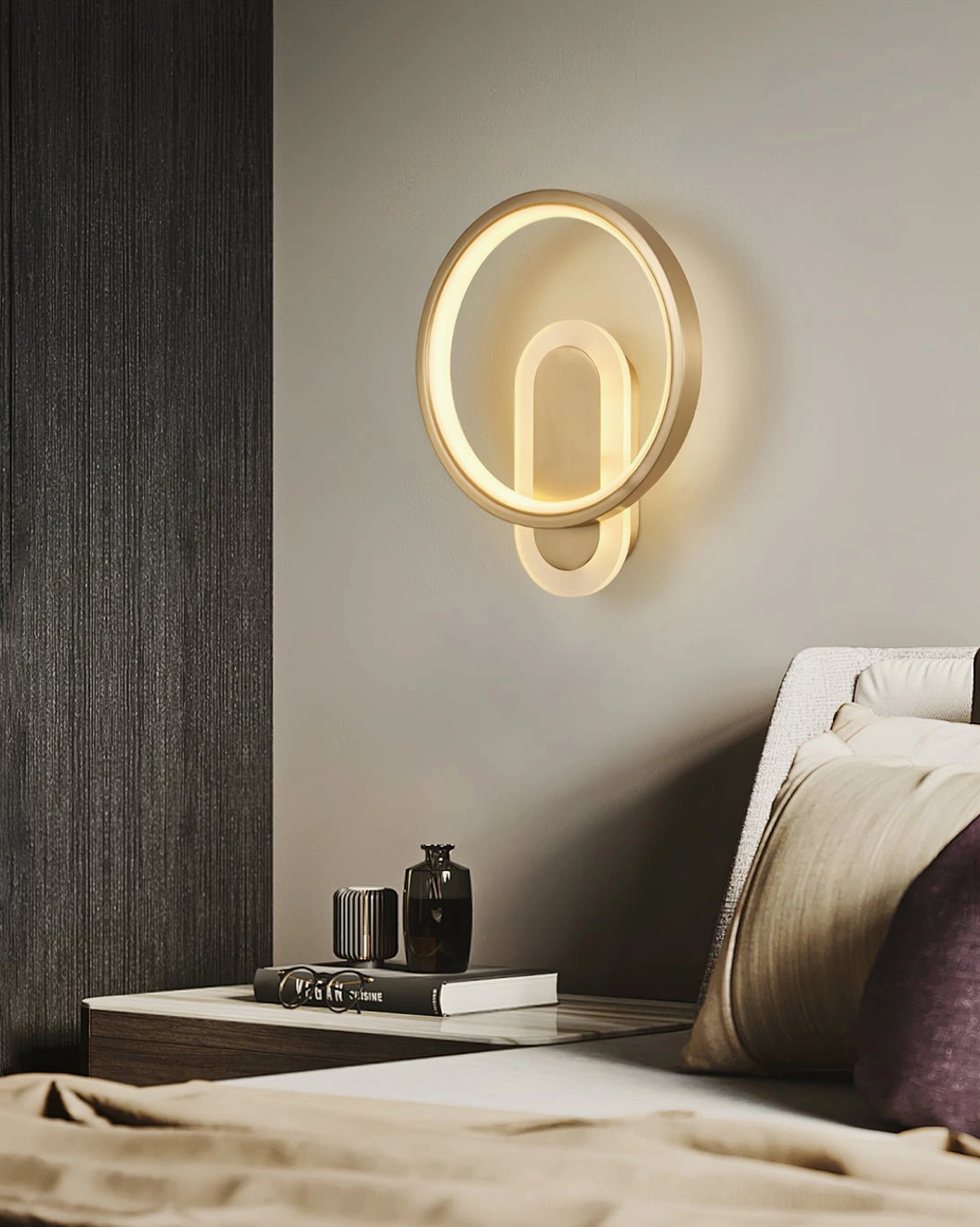 Minimalist round LED wall sconce side angle view showing thin profile and mounting hardware