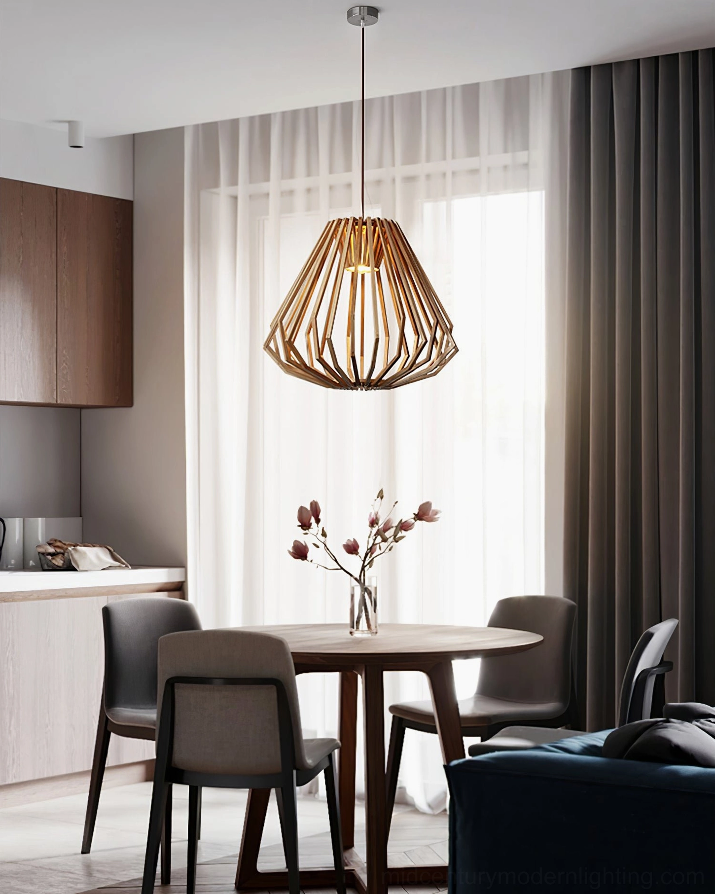 Minimalist wooden cage pendant light fixture showcasing clean lines and geometric design principles