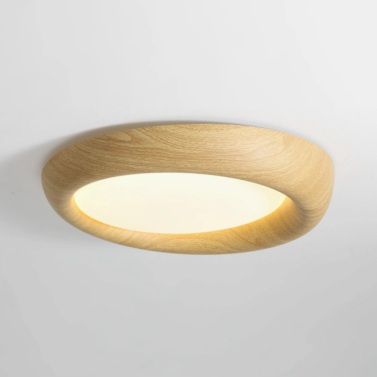 Modern minimalist ceiling light fixture with wood grain frame, contemporary interior design