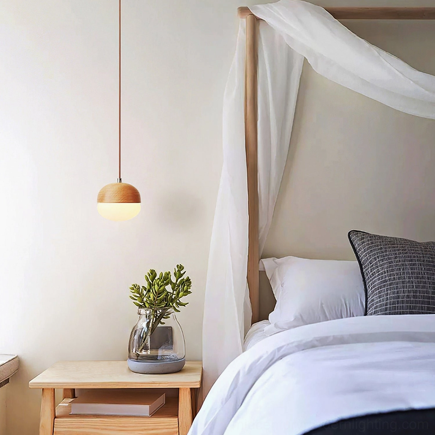 Minimalist wood pendant lamp suspended in Scandinavian bedroom, soft ambient lighting with Nordic home design