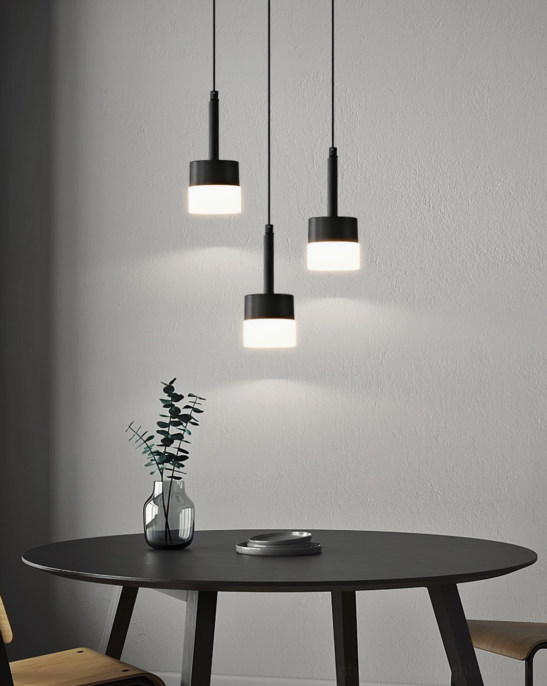 Mira black pendant light with integrated LED in contemporary bedroom creating soft glow