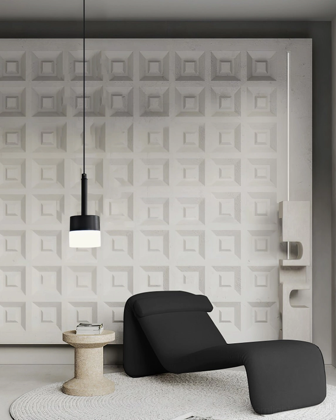 Mira single black pendant lamp in contemporary luxury lounge with geometric accent wall
