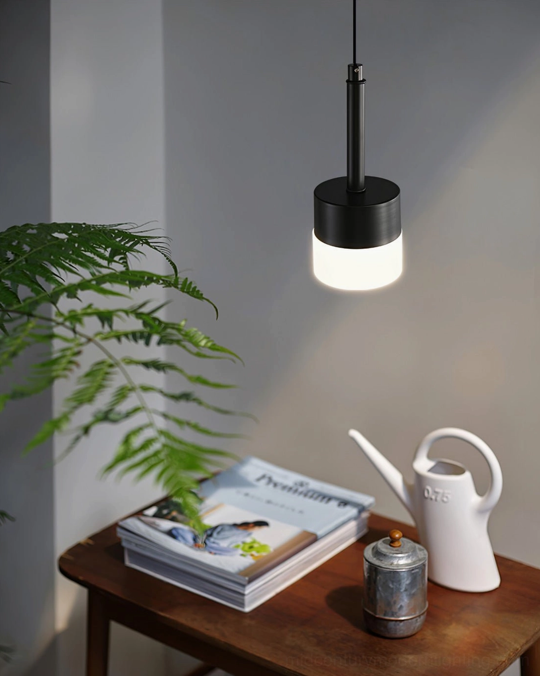 Mira black modern pendant light in Scandinavian living room with wooden side table and plants