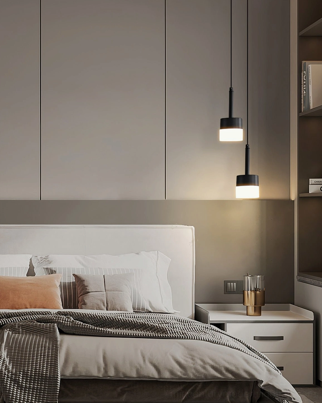 Mira brass gold pendant lamp in warm luxury bedroom bedside nook with minimalist decor