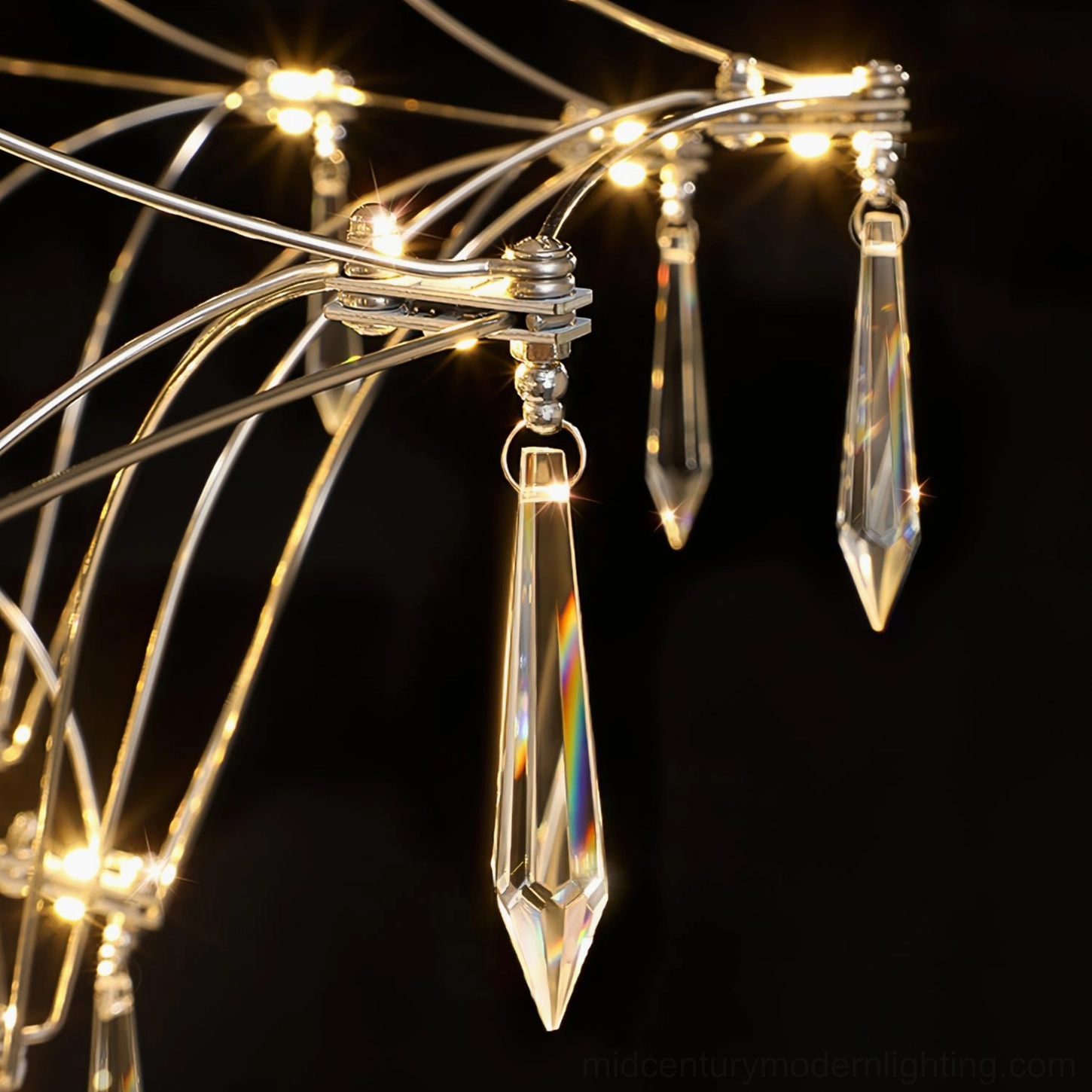Mira contemporary crystal chandelier overhead ceiling mount installation view showing framework and light distribution