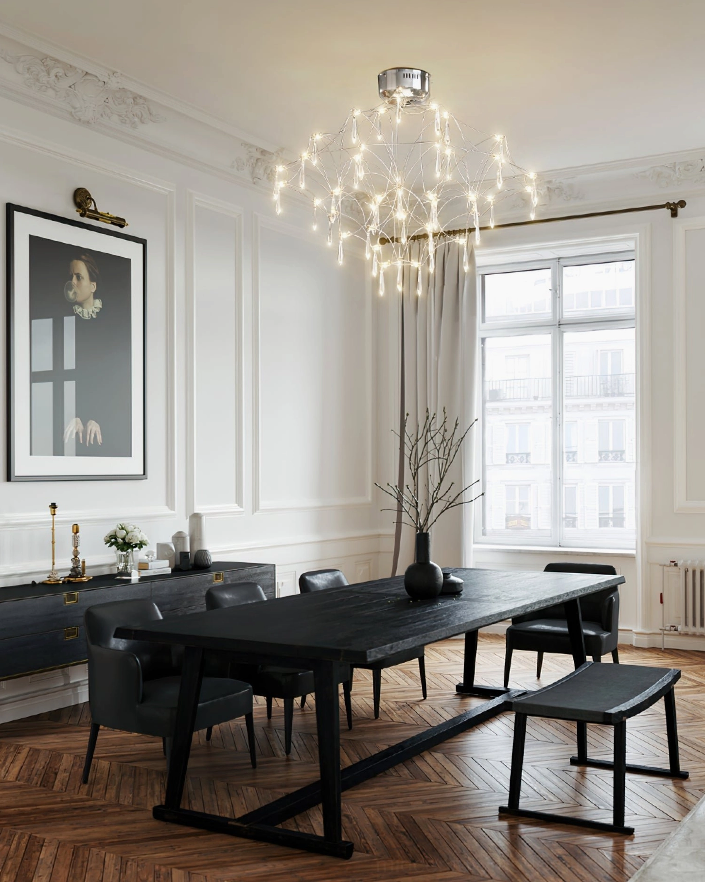 Mira elegant crystal chandelier in neoclassical dining space with dark wood table and sophisticated wall decor, dining room oblique view