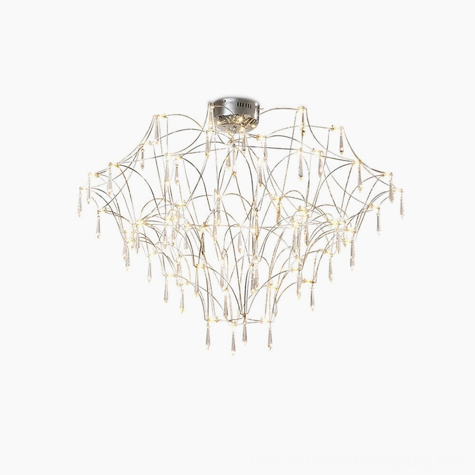 Mira modern crystal chandelier with cascading teardrop crystals and stainless steel framework, studio front view against white backdrop