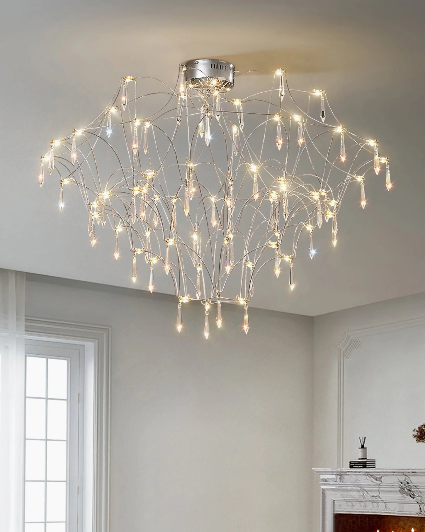 Mira luxury crystal chandelier in neoclassical residential living room with bright warm lighting and clear crystal accents, oblique downward angle