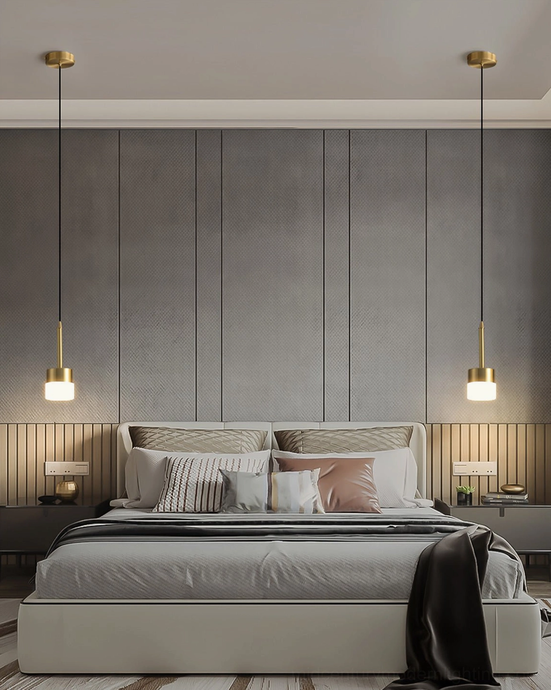 Mira brass gold pendant with Edison bulb visible through frosted acrylic creating warm glow