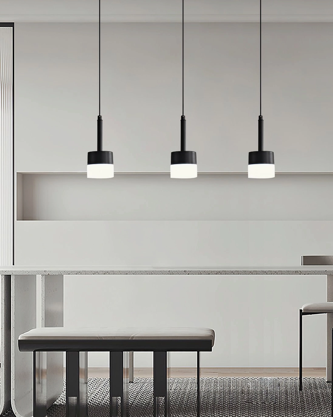 Two Mira brass gold pendant lights with layered warm lighting in modern minimalist master bedroom