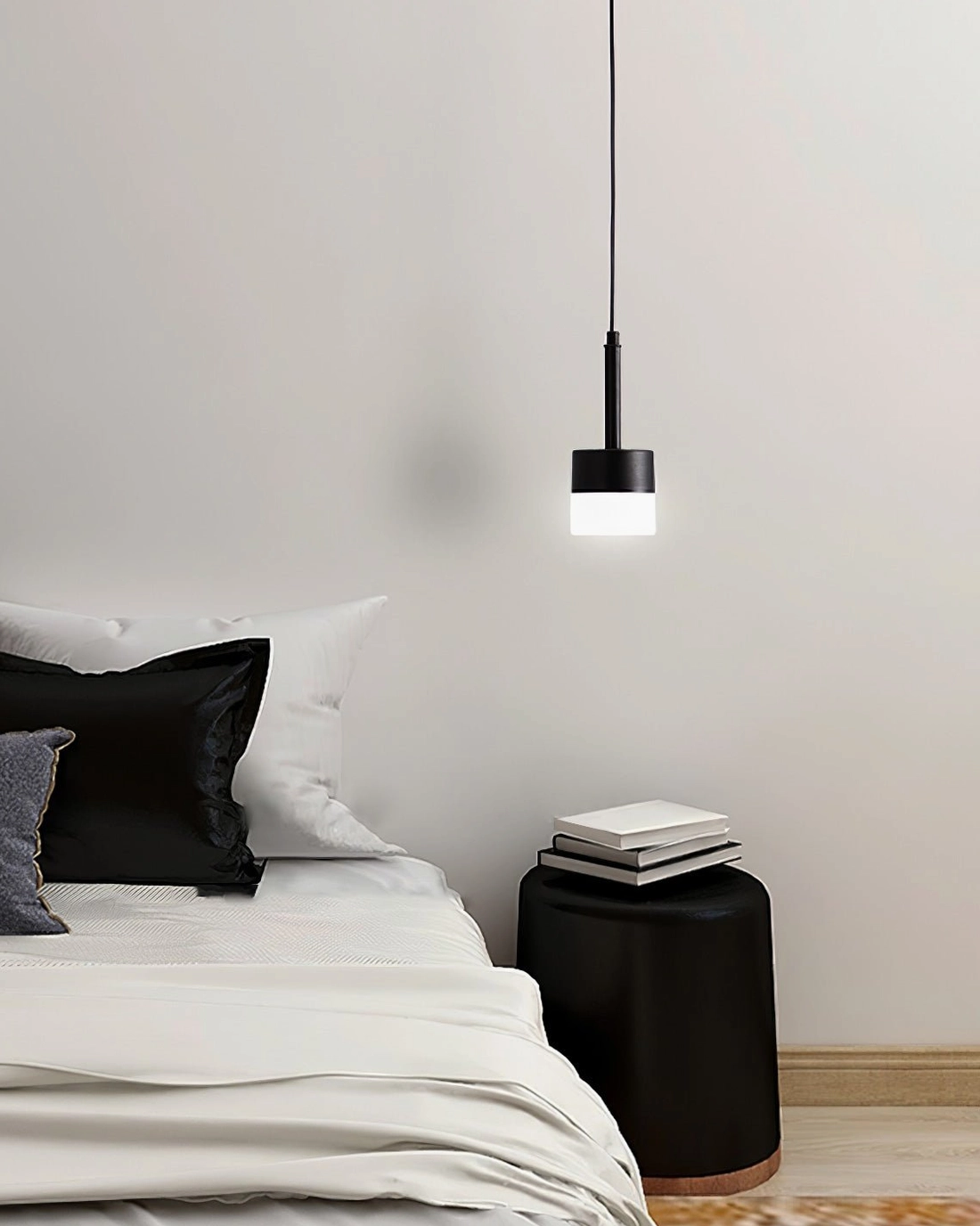 Mira LED pendant light geometric design in home office workspace with modern desk setup