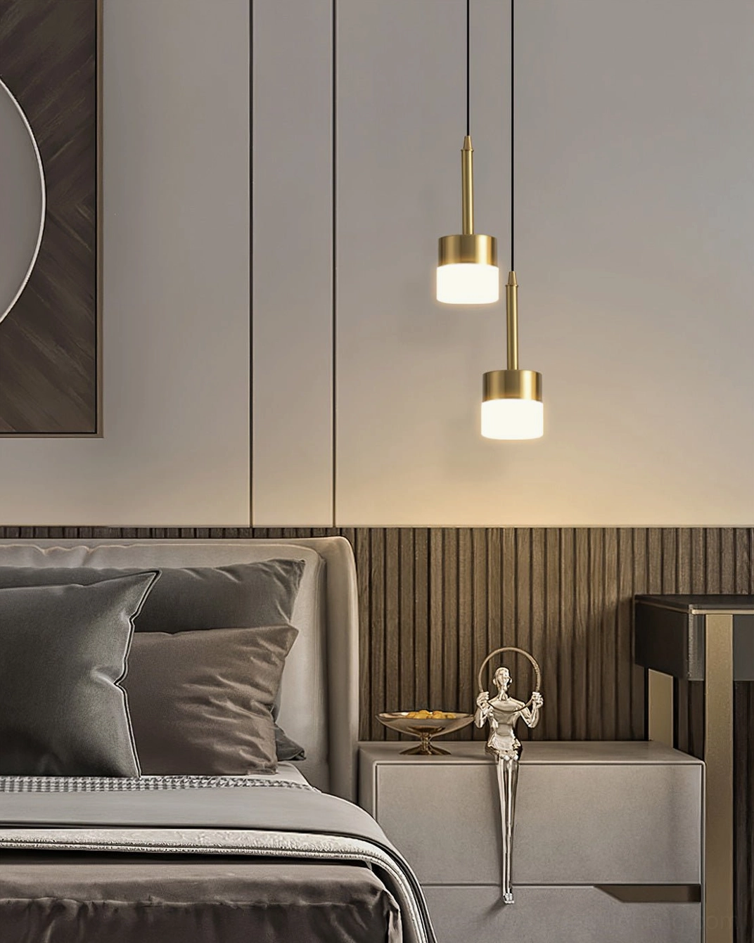 Mira geometric pendant lamp positioned over bedside creating layered lighting in bedroom