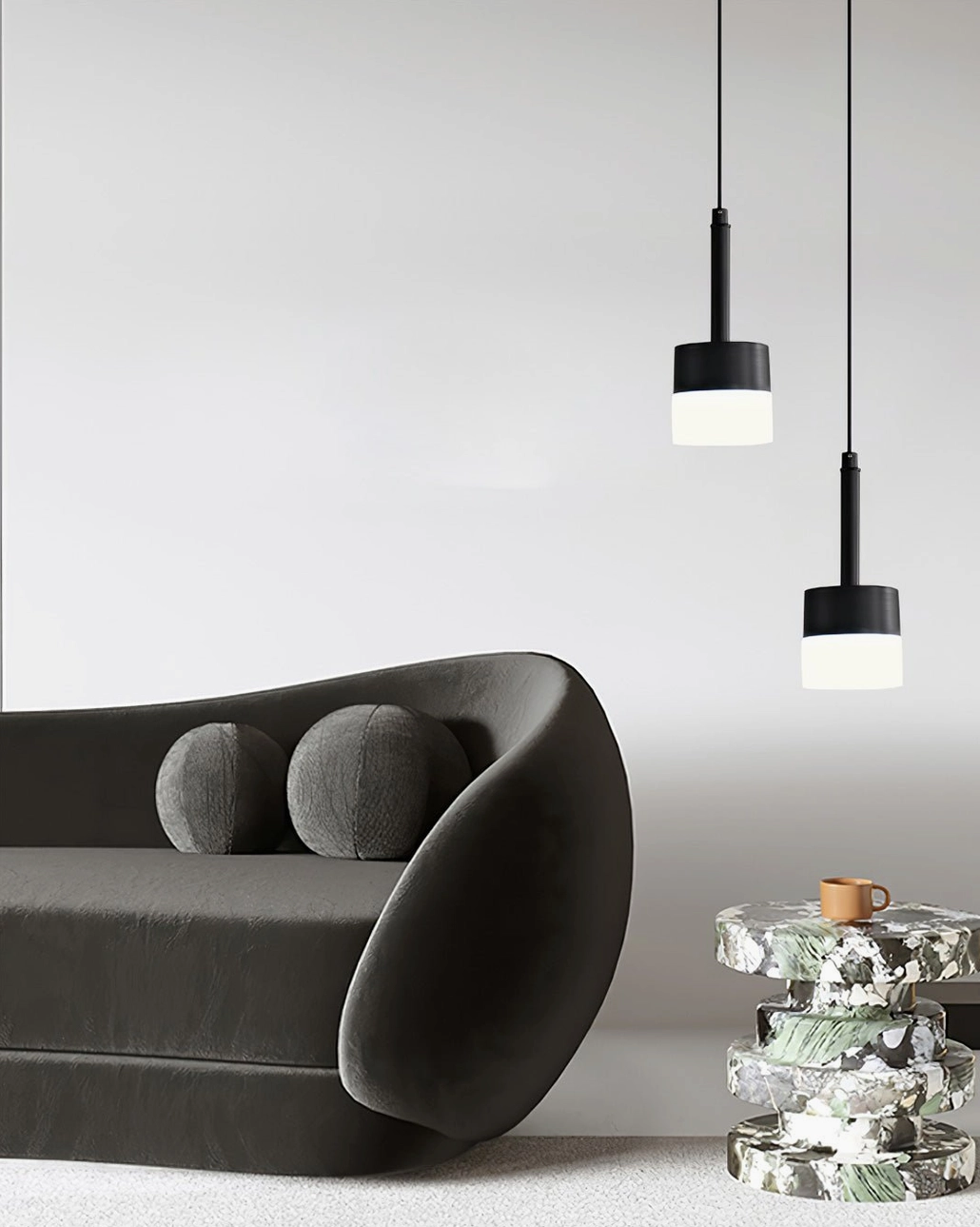 Mira minimalist pendant lamp detail shot showing frosted acrylic diffuser and brass construction