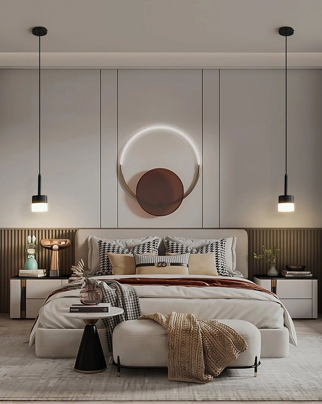 Mira pendant light fixtures in open-plan living and dining space with contemporary furniture