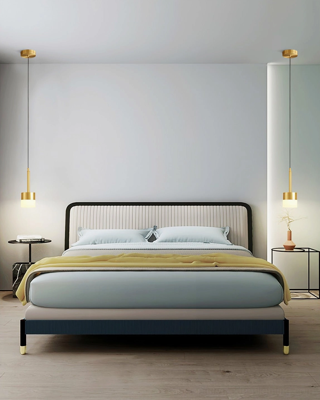 Mira white pendant lamp in Japandi minimalist interior with natural materials and neutral tones