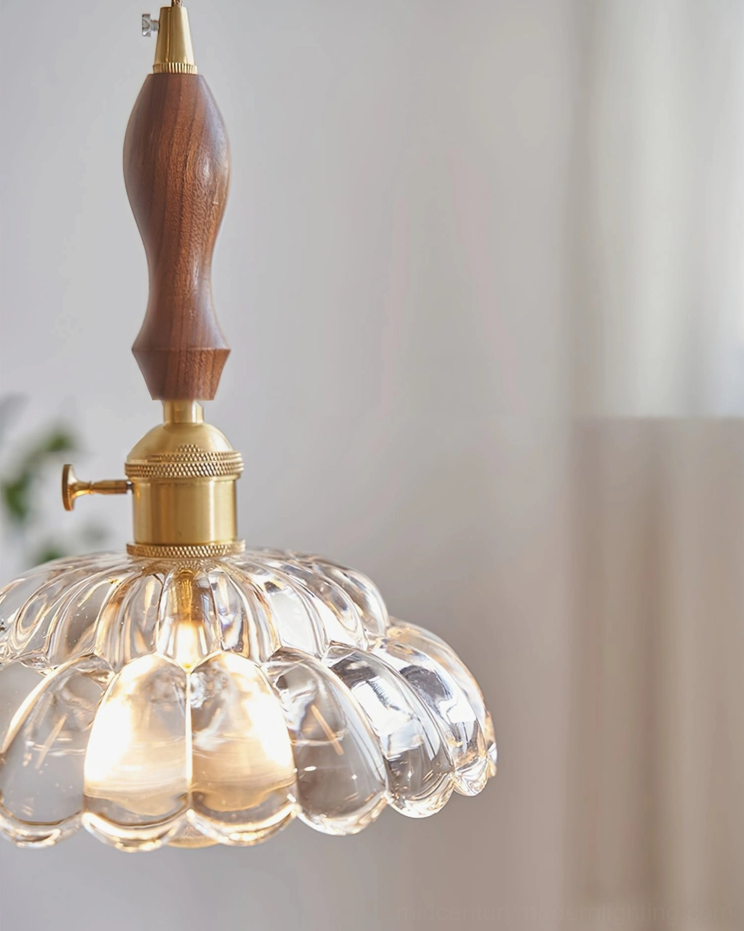 Close-up frontal view of clear ribbed glass pendant lamp shade with illuminated interior and polished brass socket