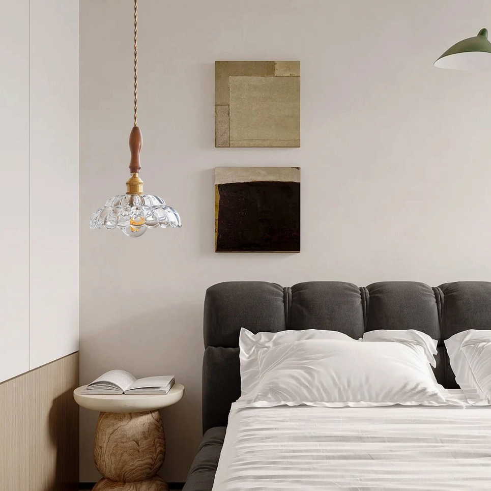 Mid-century modern geometric pendant lamp with fluted glass and wooden grip in contemporary interior space