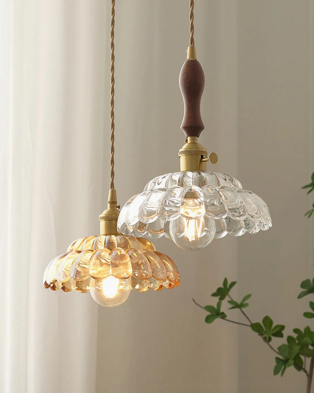 Misisco pendant lamp product overview showing geometric proportions, brass hardware and glass shade construction