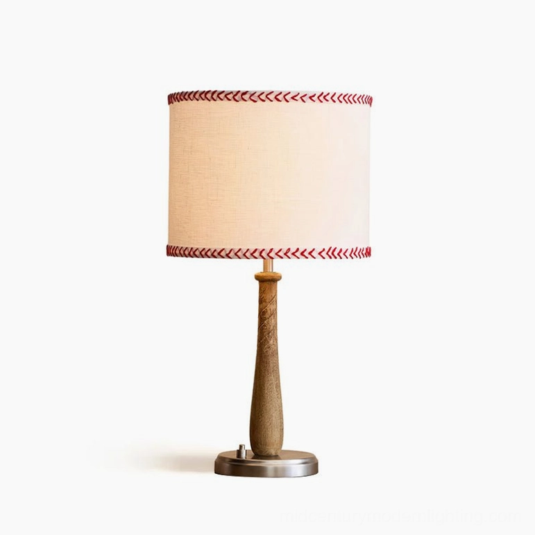 Mitchell baseball bat table lamp complete view—wooden bat-style pole with brushed chrome base and embroidered linen shade