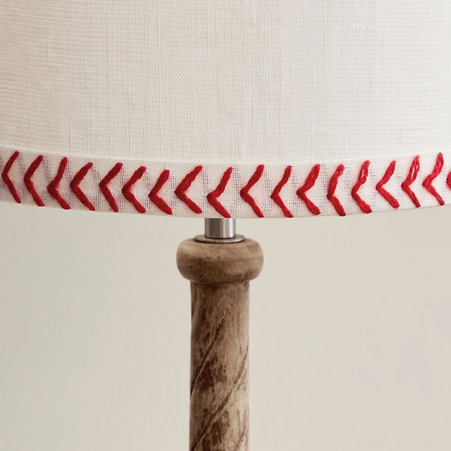 Macro close-up of linen shade with red embroidered baseball stitch trim detail on Mitchell lamp