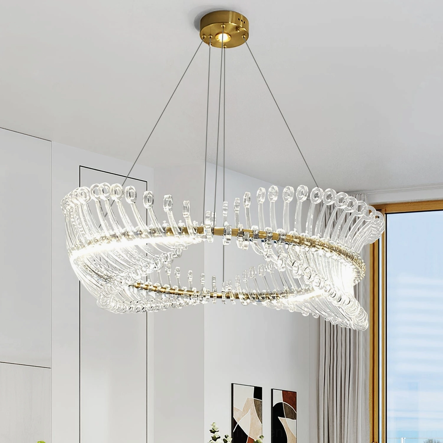 Möbius strip gold chandelier detailed view of twisted geometric metal frame and acrylic construction